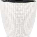 Dexceder 18x17 Inches Rattan Self Watering Planter Indoor Outdoor, Inner Pot Design, Thickened Table Flower Plant Pot with Water Level Indicator (Ivory White)