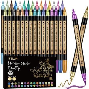 Metallic Marker Pens, 30 Colors Dual Tip Acrylic Paint Pens for Black Paper, Scrapbooking, Photo Album, Rock Painting, Paint Marker for DIY Arts & Crafts, Glass, Wood, Card Making, Scrapbook Supplies