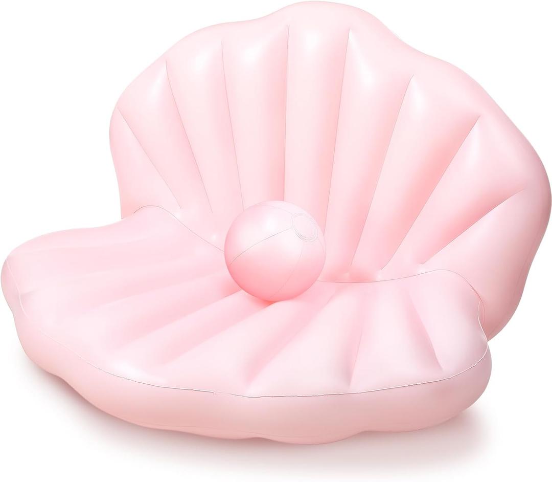 Motionchic 55 Inch Pool Float Inflatable Adult Seashell Float with Pearl Ball Cute Pool Lounge Chairs for Women Summer Beach Ocean Birthday Theme Party Favors Pink