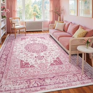 Bright Pink Area Rug for Living Room, 6x9 Machine Washable Rugs with Non-Slip Backing for Girls Bedroom, Large Vintage Carpet for Kitchen Laundry Kids Room