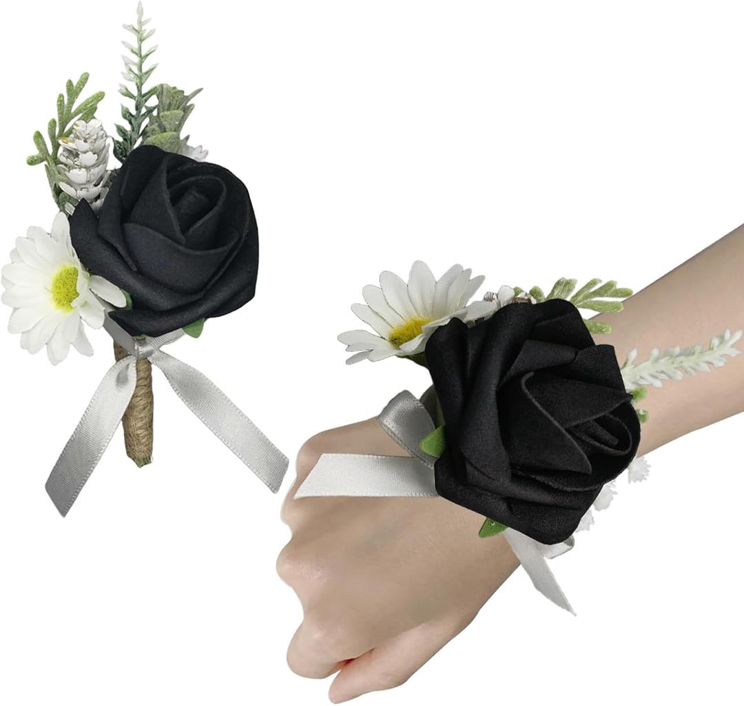 Black Corsage and Boutonniere Set Elegant Corsage Wristlet Accessories for Prom,Wedding Brides Bridesmaids, Homecoming, and Formal Events (1, Black)