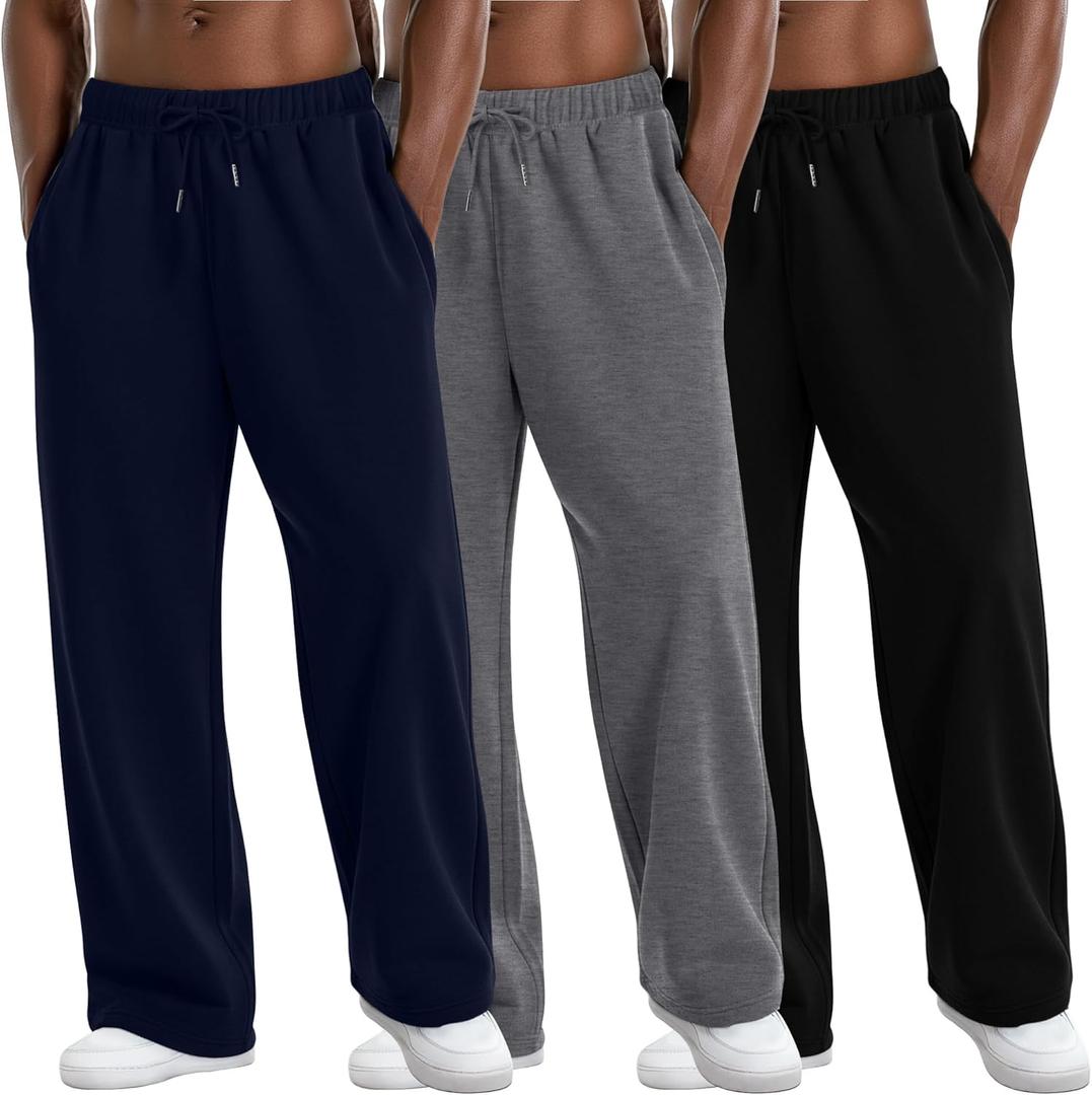 August Alley 3 Pack Men's Lightweight Lounge Pants Straight Leg Open Bottom Thin Baggy Drawstring Sweatpant with 3 Pockets (X-Large, Navy Blue, Dark Gray, Black)