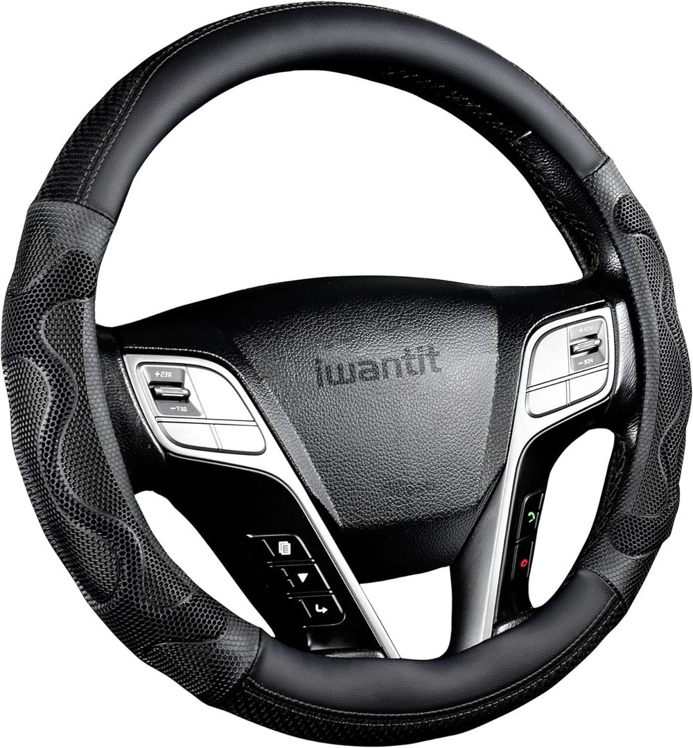 Iwantit Car Steering Wheel Covers with 3D Silicone Honeycomb Anti-Slip Design and Breathable Fabrics, Universal Fit 14.5-15 Inches (Full Black)