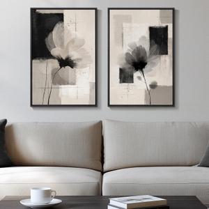 Framed Neutral Abstract Floral Wall Art for Bedroom, Set of 2 Black and Beige Minimalist Canvas Prints Paintings Artwork for Walls, Modern Elegant Pictures for Living Room Dining Room Wall Decor 16x24 In, 16" W X 24" H X 2pcs