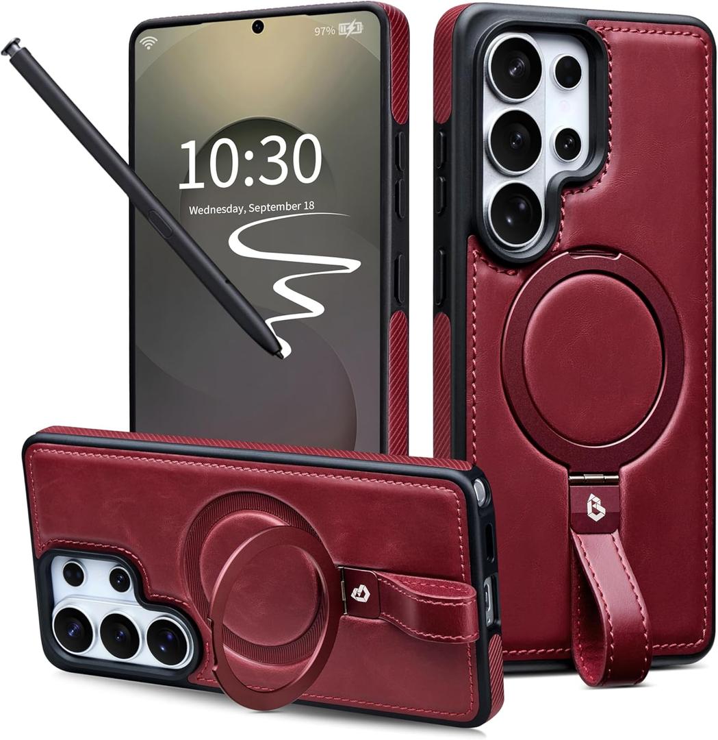 for Samsung Galaxy S26 Ultra Case Leather with Stand, Anti-Slip Grip Ring, Fits for MagSafe (Burgundy, S26 Ultra)