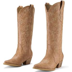 Rollda Cowboy Boots for Women Cowgirl Boots Embroidered Knee-High Western Boots Pointy Toe with Chunky Heel 9