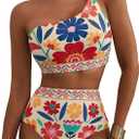 Herseas Women's High Waisted Bikini Sets One Shoulder Floral Print Swimsuits 2 piece Tummy Control Bathing Suits (X-Large)