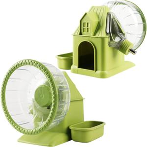 4 in 1 Silent Large Hamster Wheel Multifunctional Hamster Running Wheel Quite Running Spinner Wheel Accessories with Food Bowl Water Bottle for Hamsters Dwarf Gerbil (Green)