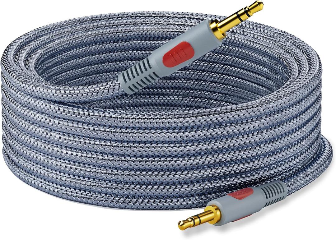 3.5mm Aux Audio Cable 30 ft, AUX Cord Braid 3.5mm to 3.5 mm Stereo Audio Cable 1/8 Shielded AUX Headphone Cable Extension Male to Male Outdoor Auxillary Stereo Audio Cable Cord (Grey)