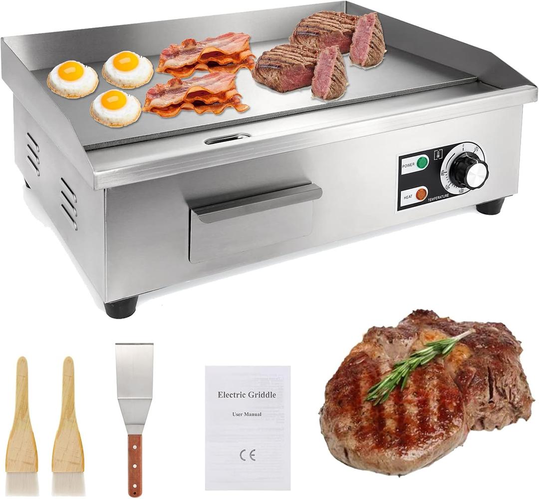 IRONWALLS Commercial Electric Griddle 22”, 3000W Electric Flat Top Griddle Grill Indoor with 122~572℉ Adjustable Temperature Control, Non-stick Stainless Steel Teppanyaki Grill for Restaurant, Hotel
