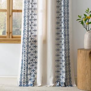NICETOWN Heavy Duty Cream Linen Curtains 96 inch Long, Navy Blue Geometric & Floral Patterned Embroidered Drapes for Living Room, Decorative Panels for Nursery Bronze Grommet, W52 x L96, Set of 2