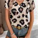 SweatyRocks Women's V Neck Leopard Print Tops Casual Short Sleeve T Shirts Fall Outfits (XL)