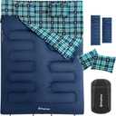KingCamp Double Sleeping Bag for Adults, Queen Size 2 Person XXL Flannel Sleeping Bag, Waterproof Lightweight Flannel Quilt with 2 Pillows, Perfect for Couples Family Camping Hiking (Envelope-Navy)