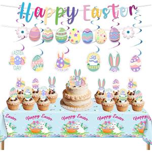 Easter Party Decorations 33PCS Kit Bunny & Egg Banner, Cake & Cupcake Toppers, Hanging Swirls & Tablecloth for Family Spring Party
