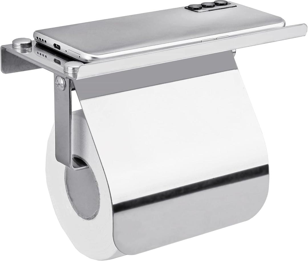 Toilet Paper Holder with Phone Shelf and Waterproof Cover, SUS 304 Stainless Steel Tissue Roll Storage Rack (Polished Chrome) (Medium)