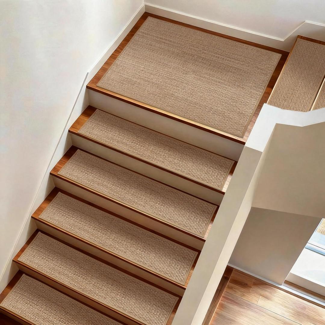 Linen Stair Treads Non Slip 10pcs 8"X30" Stair Runner for Wooden Steps Peel and Stick Stairs Carpet Treads Comfortable Indoor Staircase Covers Mat with Self-Adhesive Backing