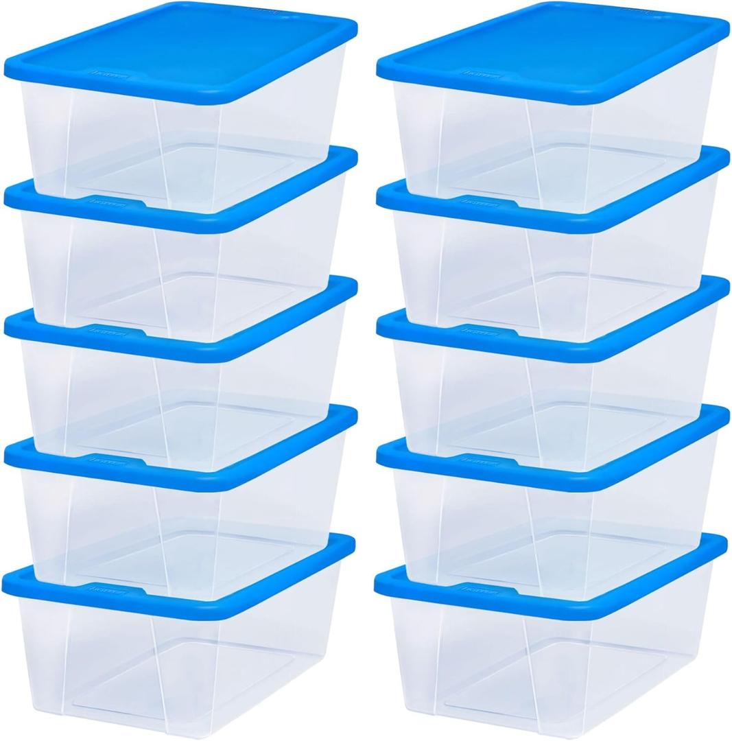 HOMZ 10-Pack Snaplock, Small Clear Plastic Storage Organizer Bins w/Lids, 6 Quart, Blue - Stackable Container Boxes for Bedroom, Bathroom, Garage, and Office Organization