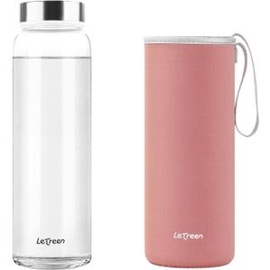 Glass Water Bottle 32 oz, Borosilicate Wide Mouth Glass Water Bottle with Neoprene Sleeve, BPA-Free Leak Proof Reusable for Hot Cold Drinks, Work, Gym, Home, 1 Pack