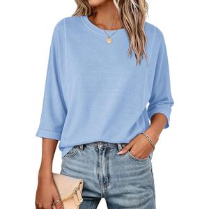 Orchidays Women's Casual 3/4 Sleeve T Shirts Basic Crew Neck Relaxed Fit Summer Tee Tops (Blue, XXL)