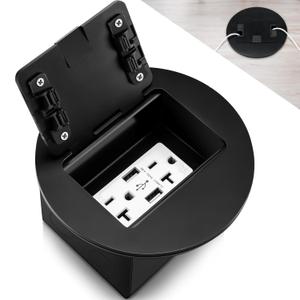 Kanayu Black Recessed Floor Outlet 3.98"x 3.66"x 4" 1-Gang with 4.8a USB Chargers 20 Amp Floor Receptacles Round Outlet Kit Electrical Waterproof Box Cover, ETL Listed