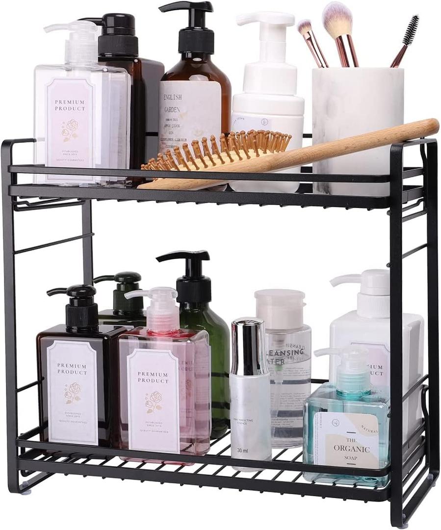 zccz 2-Tier Bathroom Organizer, Ideal as a Kitchen or Bathroom Countertop Organizer - Black Finish Makeup Organizer for Vanity - Black Finish Kitchen and Bathroom Storage Organizer (Matte Black)