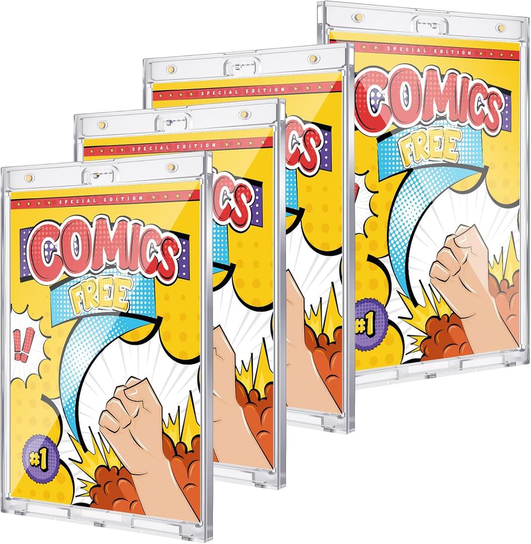 Wonderjune 4 Pack Magnetic Comic Book Holder Outer Clear Comic Book Display Case Inside Wall Mountable UV Protection Slab Protectors Fits Most Wall Display (7.87" X 12.24",7.51" X 10.91")