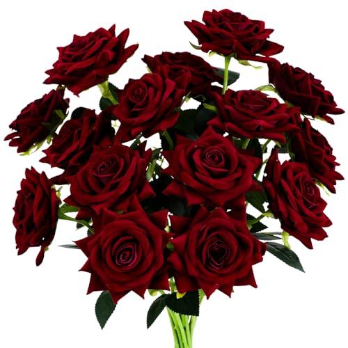 Floweroyal 15PCS Burgundy Roses, Artificial Flowers 4.33" Velvet Flowers with Long Stem Fake Roses for Mom, Wife, Anniversary Birthday Valentine's Day Gift for Women
