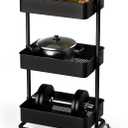No Wobble Design  3-Tier Metal Rolling Cart with Wheels, Adjustable Height, and Tool-Free Assembly for Home, Kitchen, and Bathroom (17.7212.4035.04 inch, Black)