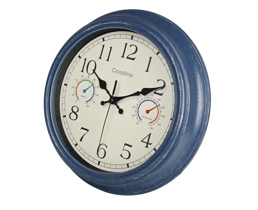 12 Inch Outdoor Clock with Thermometer and Hygrometer Combo, Rustic Vintage Waterproof Indoor Outdoor Wall Clocks for Patio Pool Garden Bathroom Decor - Blue
