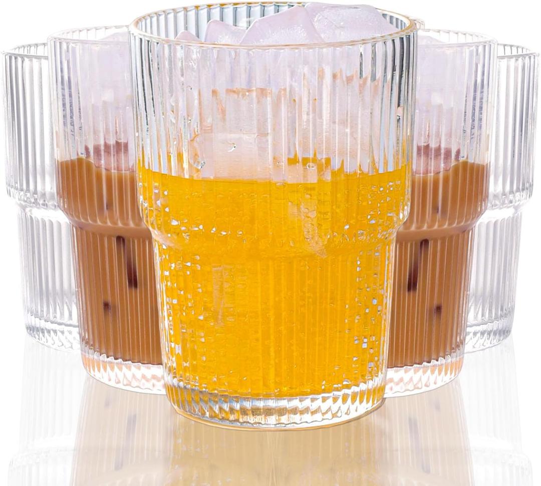 Set of 6 Cute Ribbed Glassware,14oz Vintage Clear Glass Tumbler, Origami Style, Fluted Design, Ideal for Water, Iced Coffee, Juice, Milk Tea, Latte, Housewarming Gift