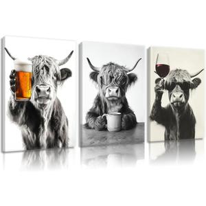 KKP Highland Cow Canvas Wall Art Set - Funny Animal Prints with Beer, Coffee & Wine, Rustic Farmhouse Wrapped Canvas Decor for Modern Country Kitchen, Dining Room, Bar, Living Room & Man Cave 12x16in