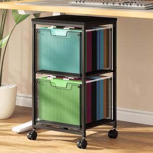Rolling File Cart with 2 Storage Drawers,Under Desk Storage,Hanging File Folder Organizer with Wheels, File Cabinet Printer Stand Utility Craft Cart for Home Office,Black