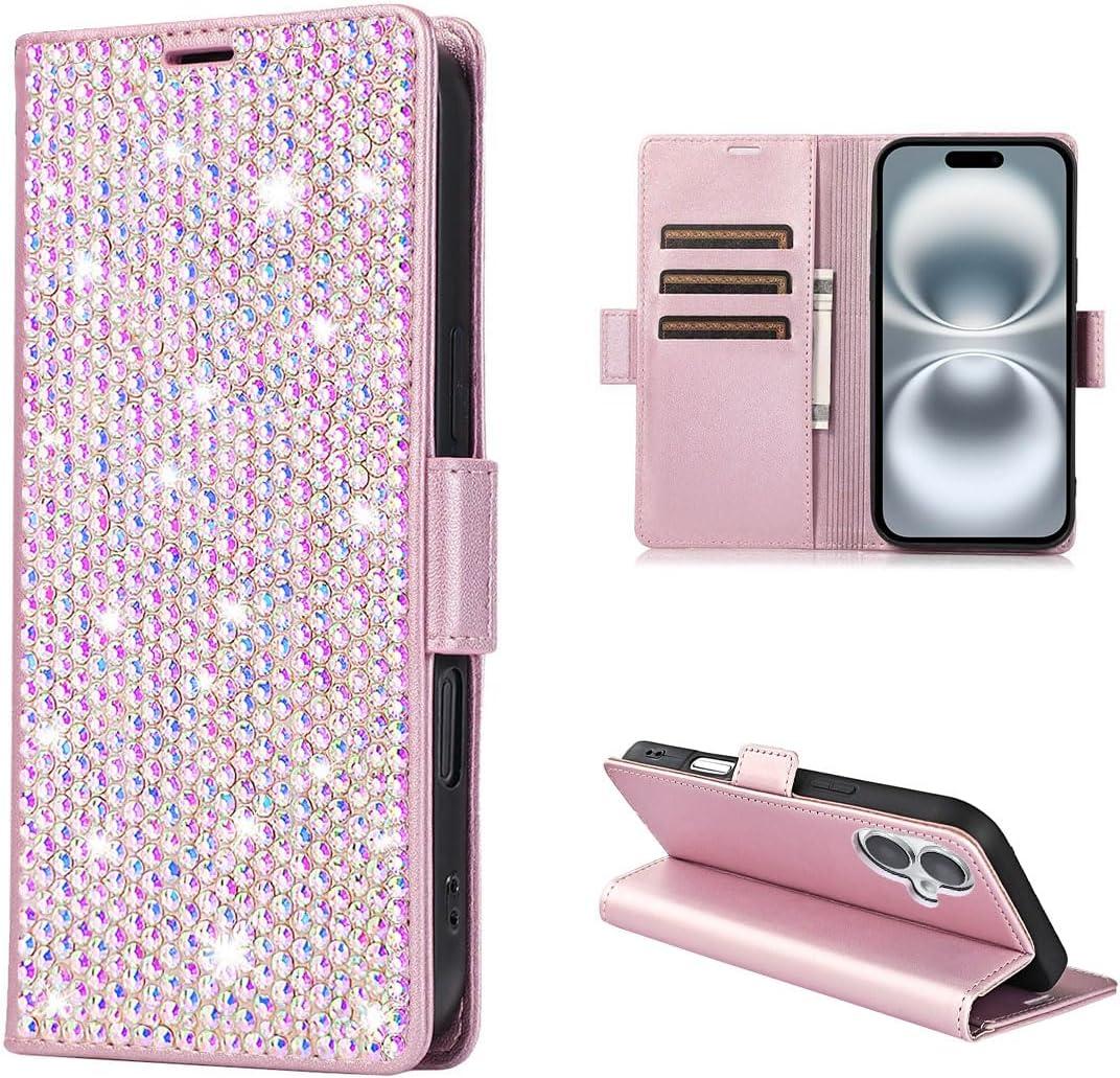 Compatible with iPhone 16 6.1" Bling Wallet Case with Credit Card Holder,Women Glitter Flip Phone Case Sparkle Rhinestone，RFID Blocking PU Leather Kickstand Shockproof Cover(Pink)