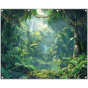 Fabric 10x8ft Jungle Forest Photography Backdrop Rainforest Tropical Natural Scenery River Background Summer Adventure Party Decorations Photo Banner Props
