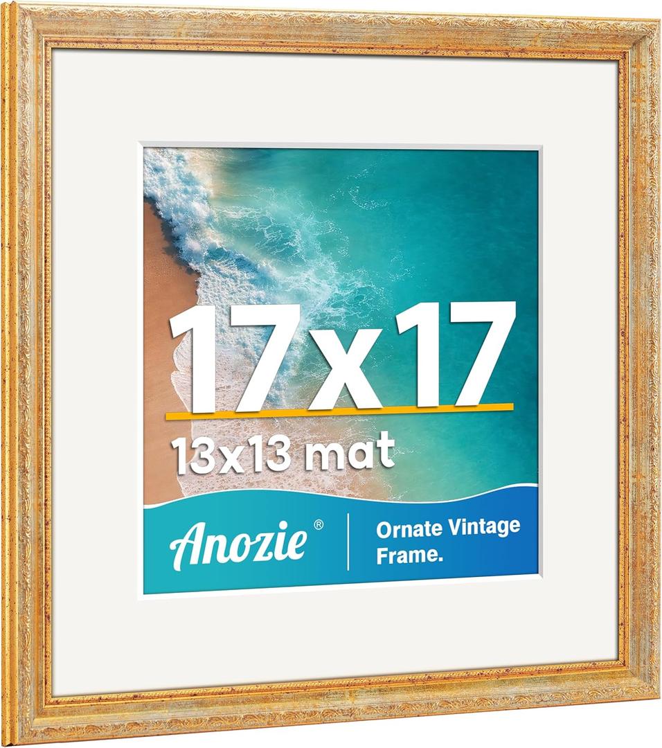 Vintage 17x17 Picture Frame, Antique Gold Photo Frames with Plexiglass Front,Ornate Square 17x17 Frame Display 13x13 with Mat or 17 x 17 Picture Frame Without, Wall Décor,1 Pack,Silver