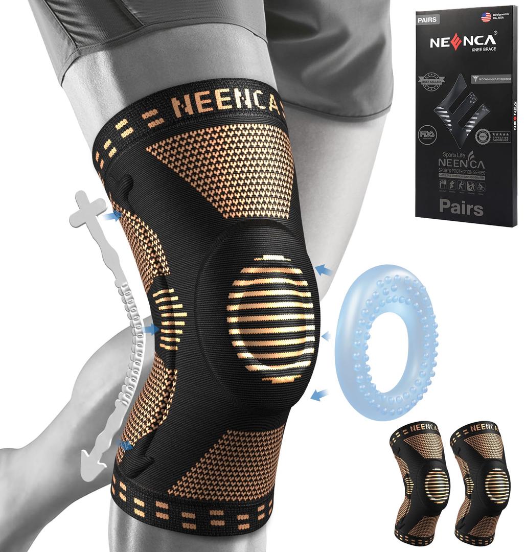 NEENCA 2 Pack Knee Braces for Knee Pain, Compression Knee Sleeves with Patella Gel Pad & Side Stabilizers, Knee Support for Men Women, Meniscus Tear, Arthritis, Joint Pain, ACL,PCL,MCL,Runner, Workout
