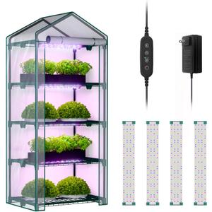 Indoor Greenhouse with Grow Lights, 4 Tier 27" L19" W62" H Mini Greenhouse with Zippered PVC Cover for Seed Starting Trays, Dimmable 2FT 60W Plant Light for Indoor Plants with Timer