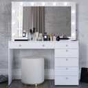 Boahaus Serena White Makeup Vanity with Mirror and 11 Lights, 7 Drawers, Glass Top, Crystal Knobs, USB-A & USB-C Ports, 110V Power Outlet, Bedroom Vanity Desk (White)