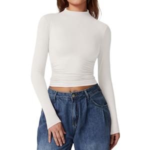 QINSEN Womens Mock Neck Long Sleeve Shirt Double Lined Basic Tees Side Ruched Going Out Crop Tops (Large, White)