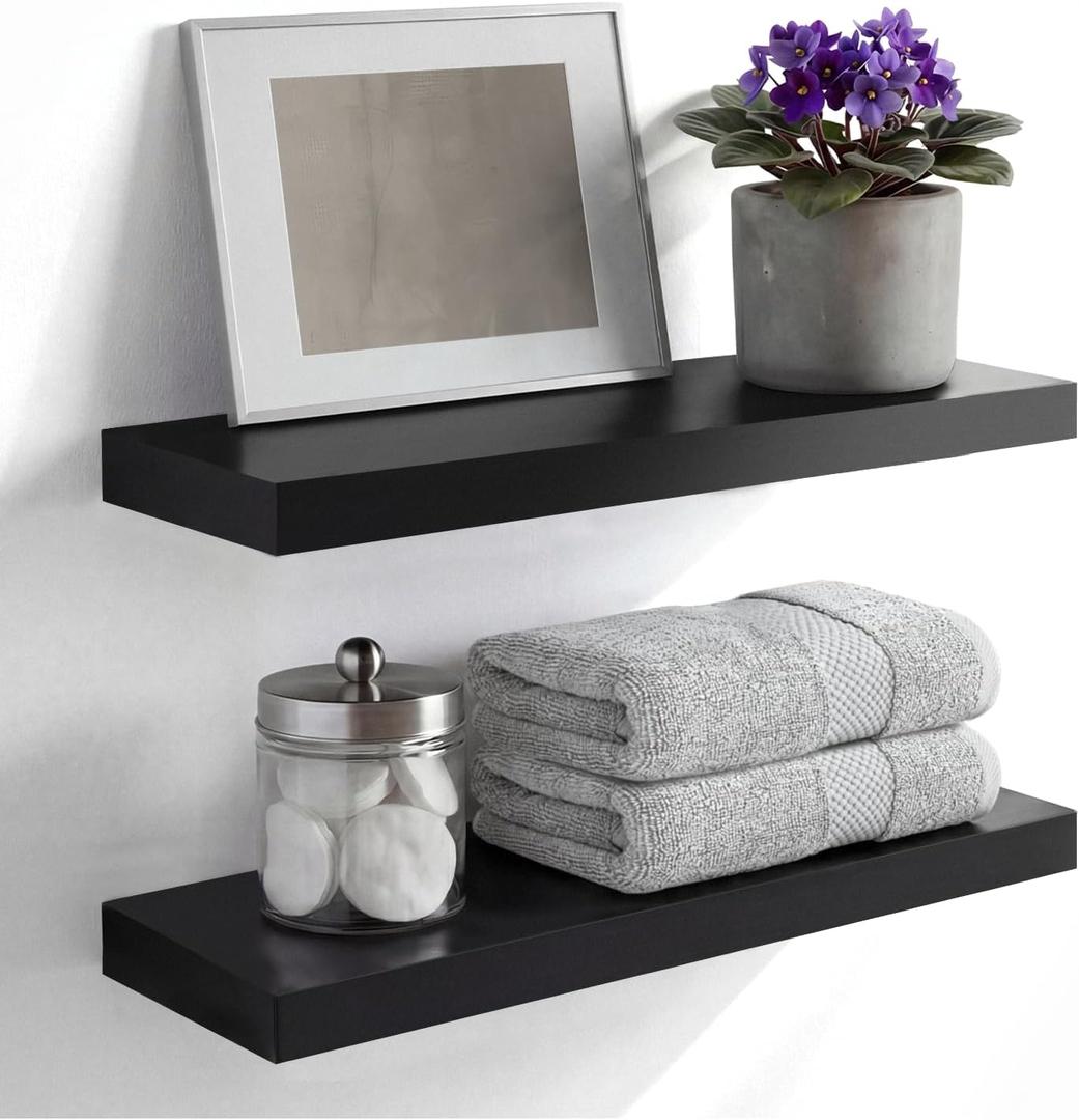 Homeforia Black Floating Shelf 18 inch, High End Solid Real Wood 18inch Bathroom Floating Shelves for Wall Mounted, Black Wooden 18in Floating Shelves, Heavy Duty Bracket, 18 X 6.5 X 1.75 in, Set of 2