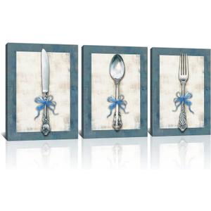 Derkymo 3 Pieces Kitchen Picture Wall Decor Retro Tableware Canvas Wall Art Elegant Cutlery Painting Prints for Dining Room Framed Ready to Hang 12"X16"x3pcs