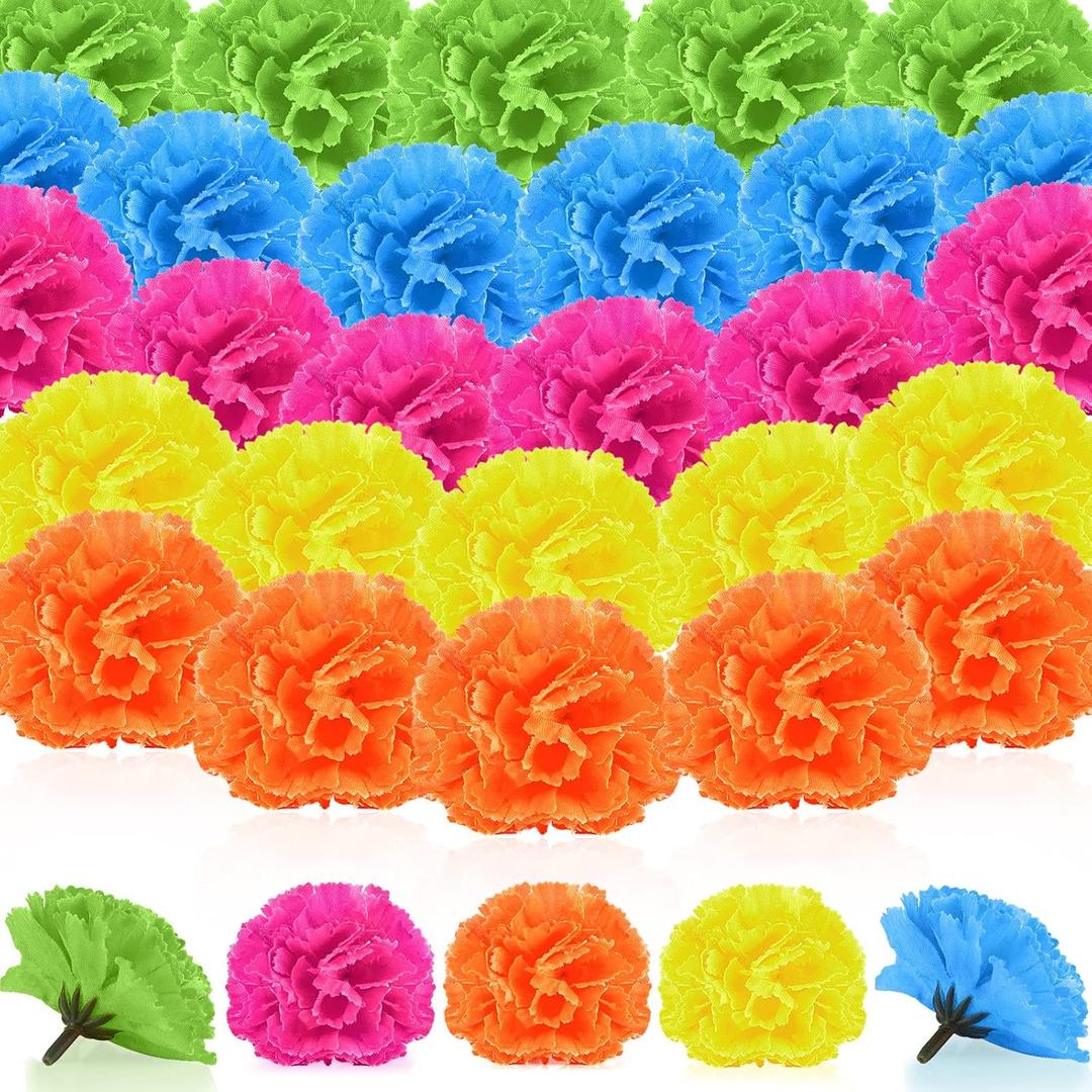 Syhood 50 Pcs Marigold Flower Bulk Fiesta Flowers Artificial Dia De Los Muertos Decorations for Mexican Backdrop Party Floral with Stems DIY Marigold Garland (2.4 Inch, Mixed Colors)