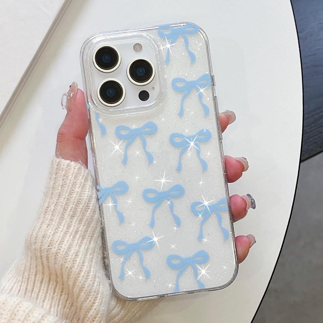 UEEBAI Bow Case for iPhone 15 Pro Max,Bling Glitter Ribbon Cover for Girl Women Clear Cute Slim Lightweight Pretty Pattern Anti-Yellowing Shockproof Protective Case - Blue
