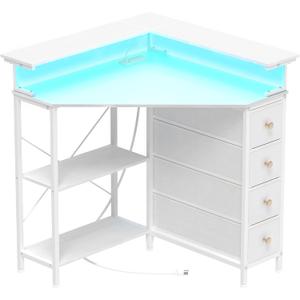 Corner Desk with Drawers Shelves for Small Space 90 Degrees Triangle Computer Desk with Power Outlets, Gaming Desk with LED Lights Monitor Stand for Home Office Workstation Writing Table (White)