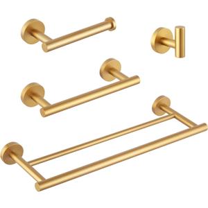 GERZWY Bathroom 4-Pieces Accessories Sets Gold Stainless Steel - 18-Inch Double Towel Bar Coat Hook 12-Inch Hand Towel Bar Toilet Paper Holder AG1102C(45) 01C(30.5) C5C7B-4BE