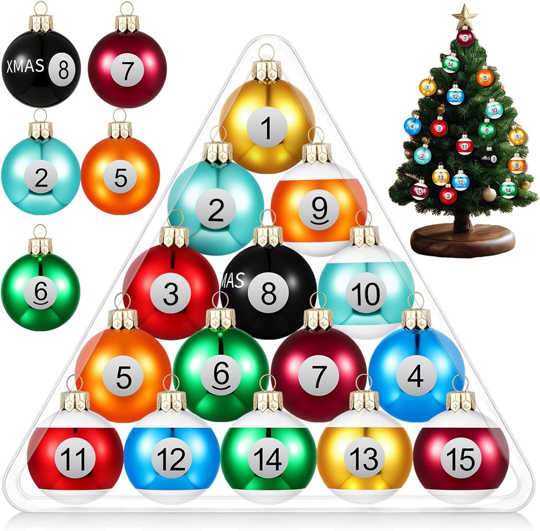 Soulchen 15 Piece Christmas Billiard Balls Ornaments 1.57" Plastic Pool Balls Small Christmas Tree Decoration Bulk Sports Collection Tiny Xmas Tree Hanging Ornament for Holiday Party Outdoor Indoor