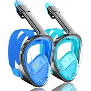 QingSong Full Face Snorkel Mask for Adults, Snorkeling Gear with Camera Mount, 180 Degree Panoramic View Snorkel Set Anti-Fog Anti-Leak (Small-Medium, 2 Pack -Blue+Green)