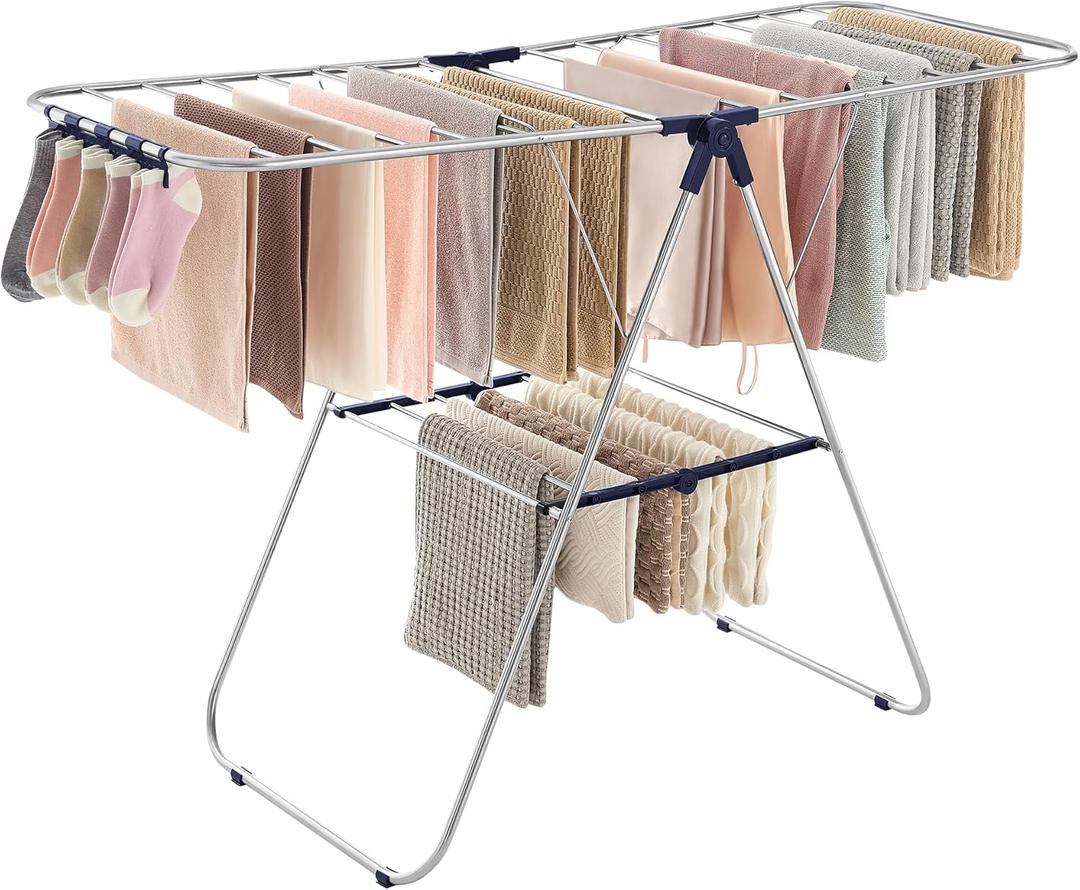 SONGMICS Clothes Drying Rack, with Sock Clips, Metal Laundry Rack, Foldable, Space-Saving, Free-Standing Airer, with 2 Height-Adjustable Gullwings, Indoor Outdoor Use, Silver and Blue ULLR52BU, 1 Tier 21.7"d X 58.3"w X 39.4"h