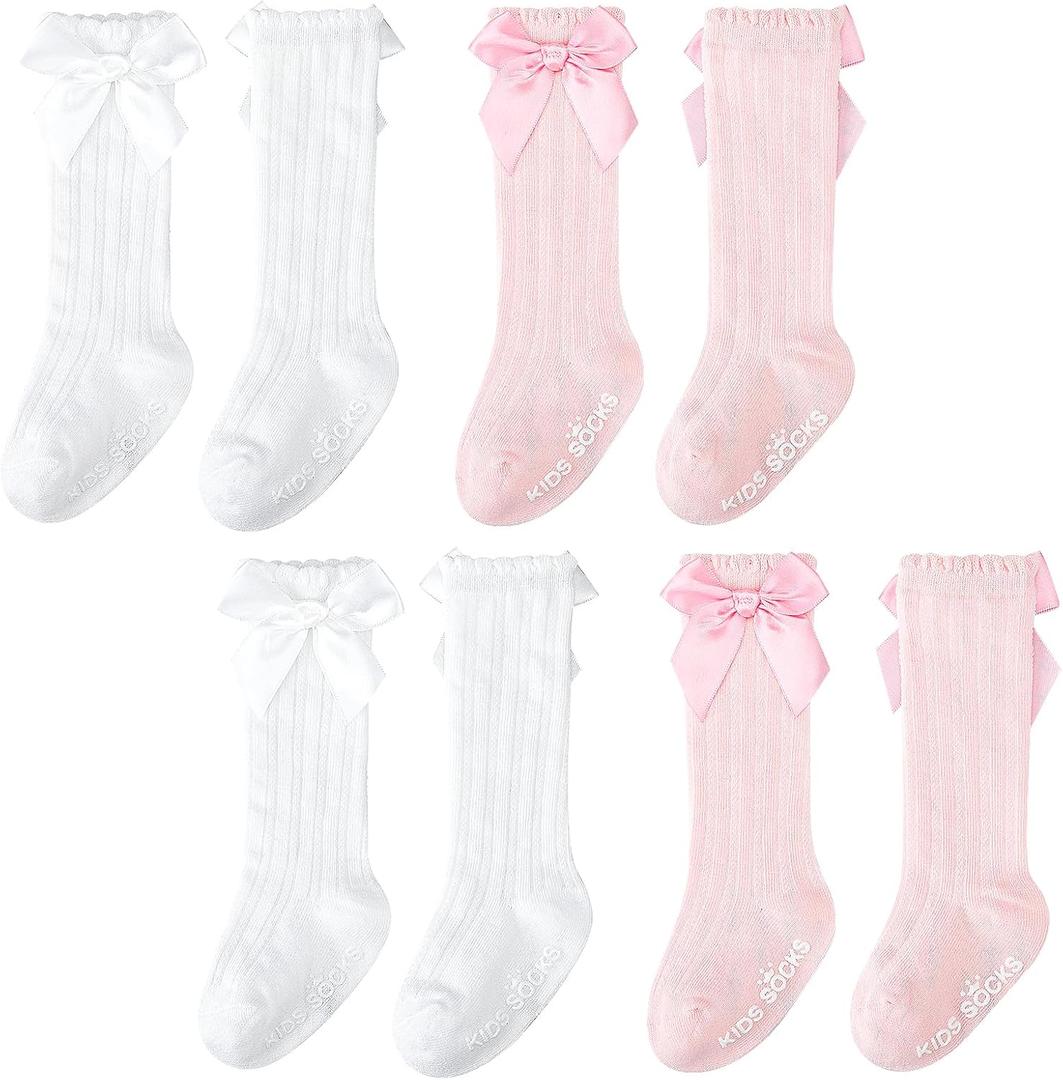Jspupifip 4 Pairs Baby Girls Knee High Socks Newborn Girl Bow Ruffle Long Infant Non-Slip Socks