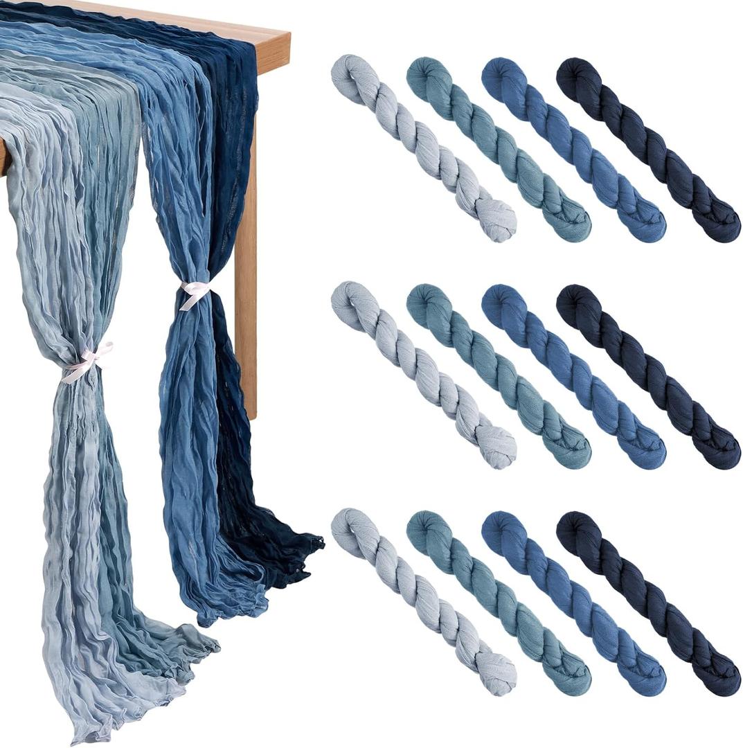 12 Pcs Cheesecloth Gauze Table Runners Boho Wedding Decor Rustic Sheer Runner for Wedding Table Bridal Shower Birthday Party Decorations(Gradient Blue,12 Pcs)